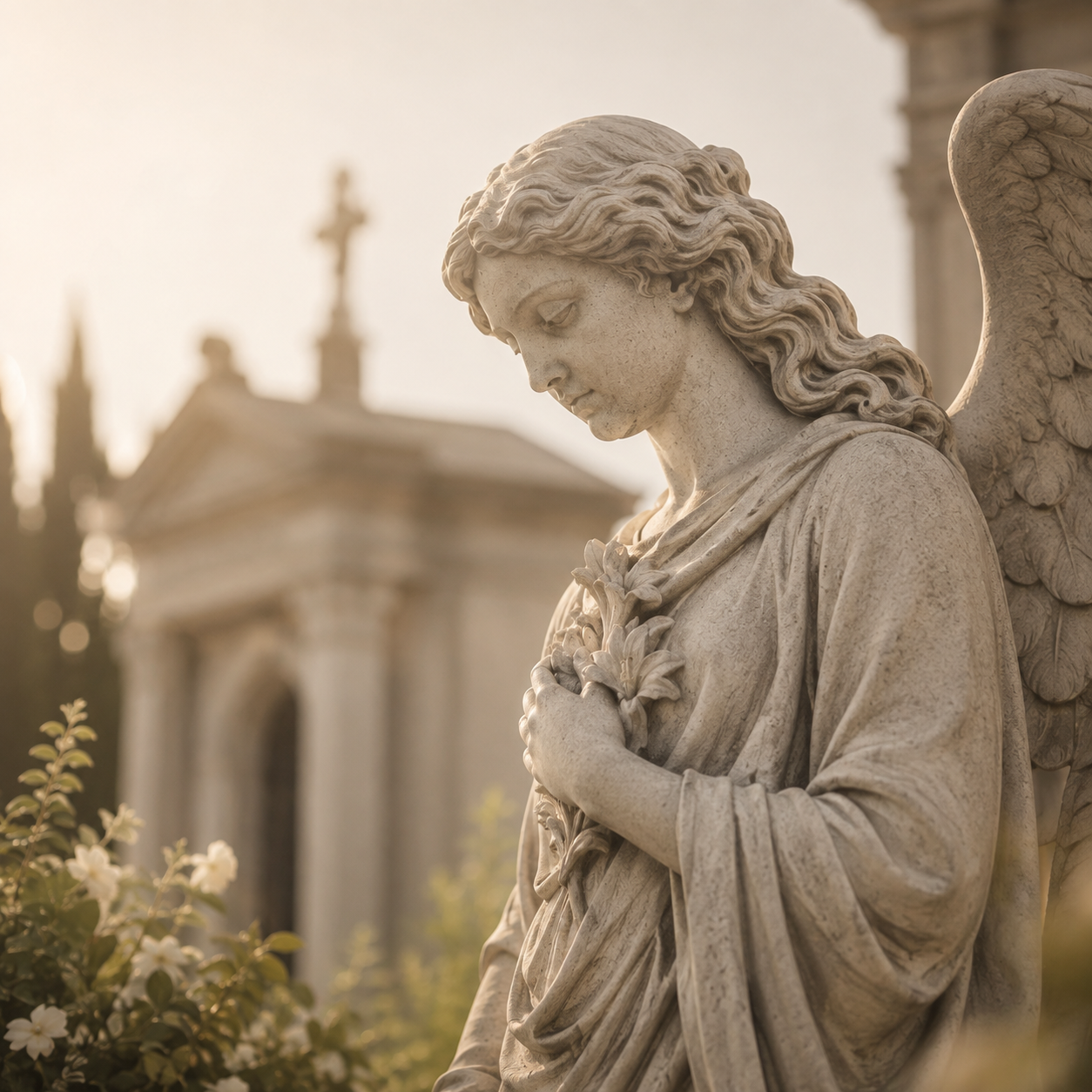 Statua di un angelo in un giardino cimiteriale, simbolo di raccoglimento e memoria