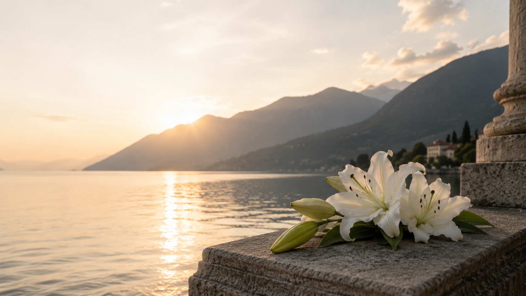 Composizione di gigli bianchi al tramonto su un lago tra le montagne
