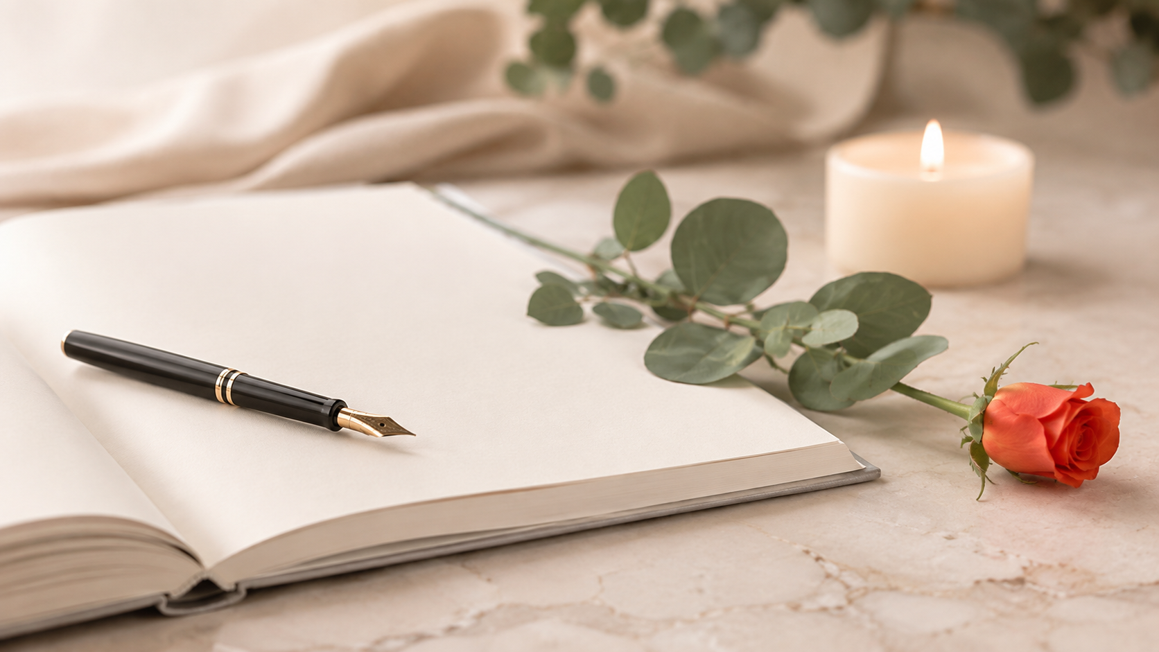 Un libro dei ricordi aperto con penna, rosa e candela, pronto per raccogliere un pensiero